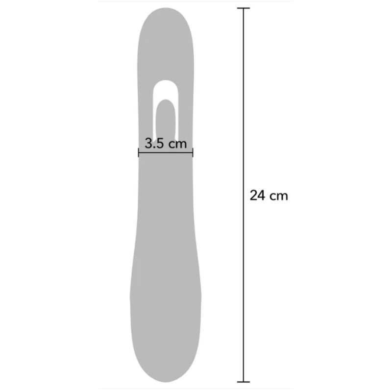 Vibrateur lapin violet avec schéma des dimensions : 3,5 cm de largeur, 24 cm de longueur totale