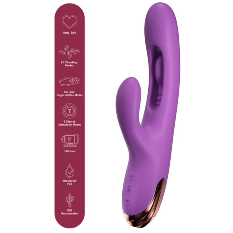 Vibrateur lapin violet, vue de face avec bandeau de pictogrammes : 10 modes de vibration, 6 modes point G, 7 modes clitoridiens, 3 moteurs, étanche IPX6, USB