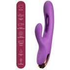 Vibrateur lapin violet, vue de face avec bandeau de pictogrammes : 10 modes de vibration, 6 modes point G, 7 modes clitoridiens, 3 moteurs, étanche IPX6, USB