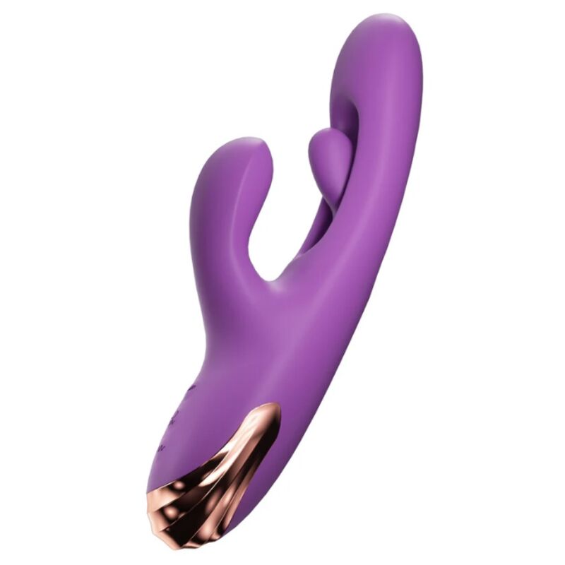 Vibrateur lapin violet, vue de face montrant le bras clitoridien et la tige striée sur fond blanc