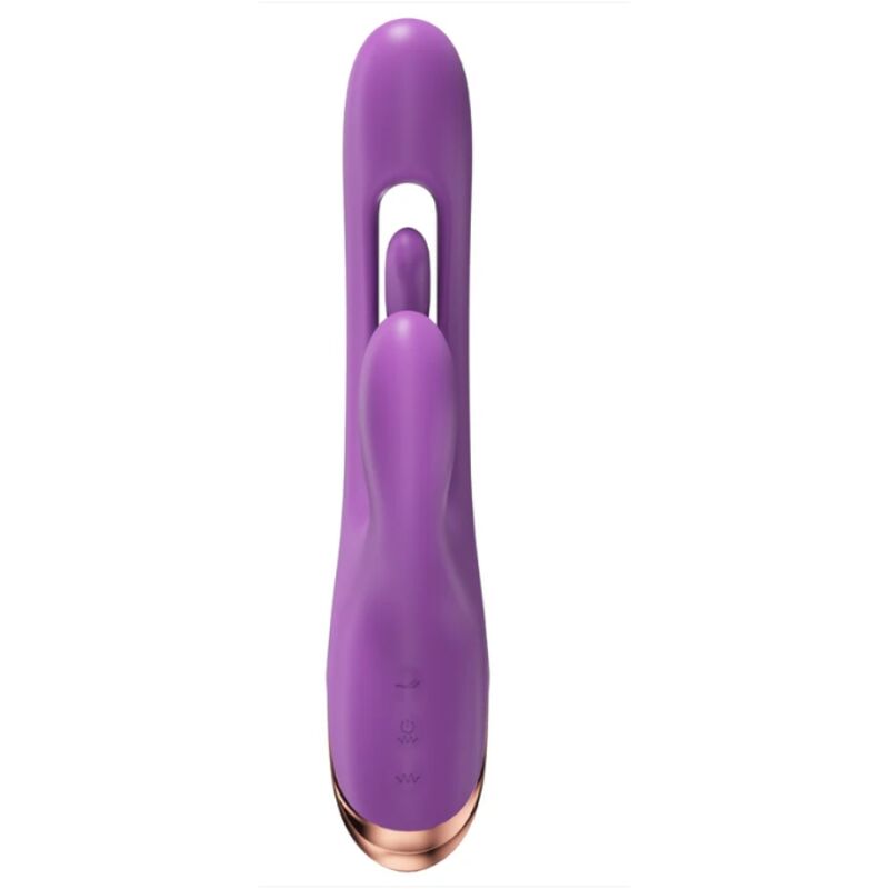 Vibrateur lapin violet, vue de face sur fond blanc, bras clitoridien visible de profil