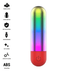 Debbie balle vibrante arc-en-ciel — liste de pictogrammes des caractéristiques (moteur puissant, vibration forte, silicone sans danger, USB rechargeable, nettoyage facile, silicone ultra-doux, ABS) à côté du rendu du produit