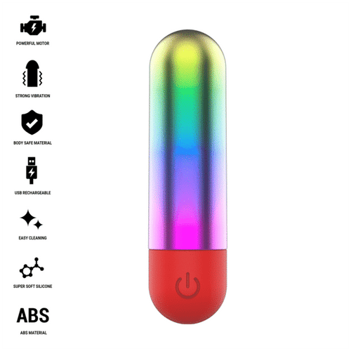 Debbie balle vibrante arc-en-ciel — liste de pictogrammes des caractéristiques (moteur puissant, vibration forte, silicone sans danger, USB rechargeable, nettoyage facile, silicone ultra-doux, ABS) à côté du rendu du produit