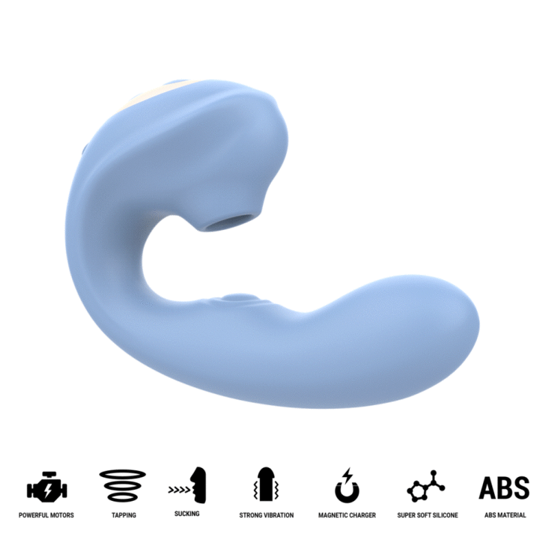 Stimulateur Gina bleu vu de profil sur fond blanc, animation illustrant succion, tapotement, vibration et charge magnétique