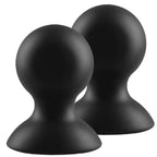 Deux ventouses en silicone noir en forme de bulbe, vue de face sur fond blanc