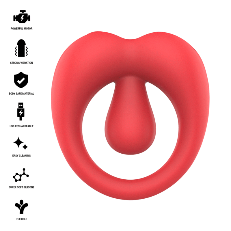 Animation des caractéristiques de l'anneau Russell : moteur puissant, vibration forte, matière body-safe, recharge USB, nettoyage facile, silicone doux, flexible