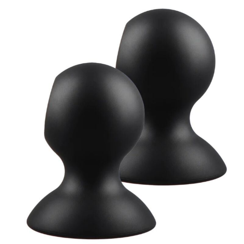 Deux ventouses en silicone noir, vue de profil légèrement inclinée