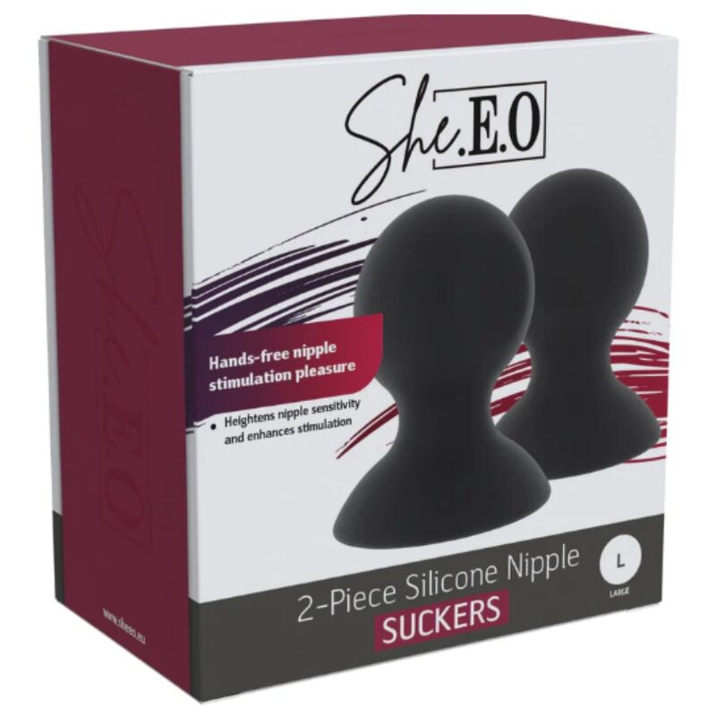 Boîte du coffret She.E.O 2-Piece Silicone Nipple Suckers, taille L, vue de trois quarts