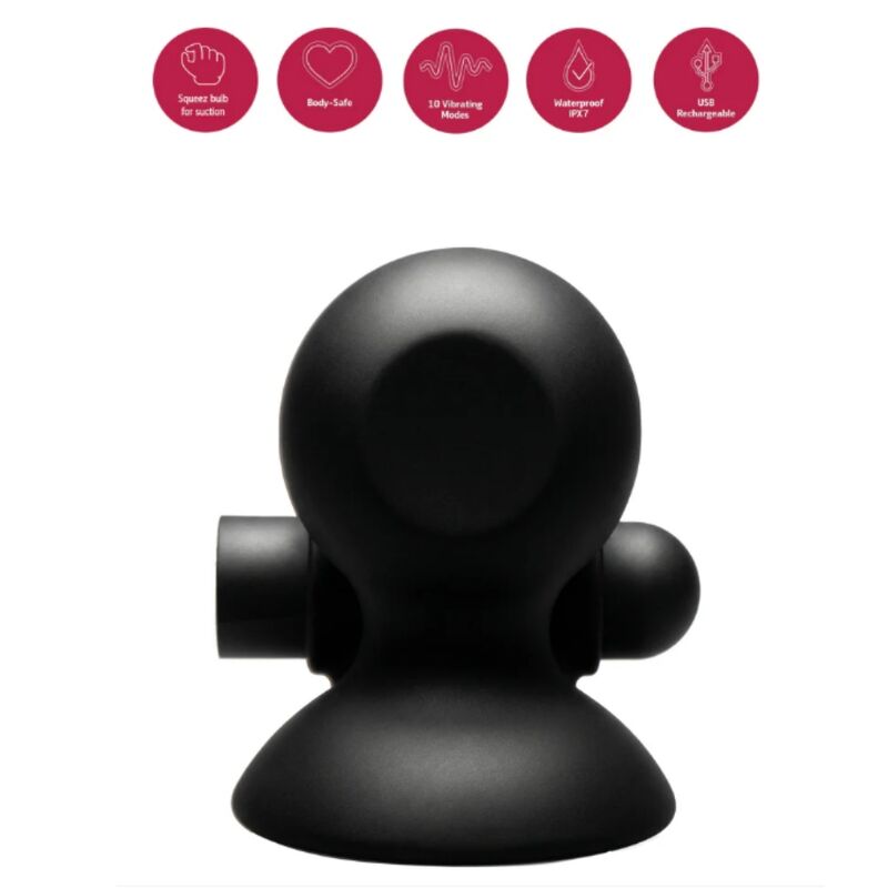 Ventouse à téton noire, vue de face avec pictogrammes bulbe de succion, 10 modes de vibration, étanche IPX7 et USB rechargeable
