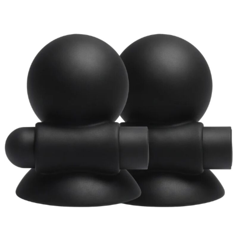 Paire de ventouses à tétons noires She.E.O, vue de face montrant la bille de préhension et la base ventouse