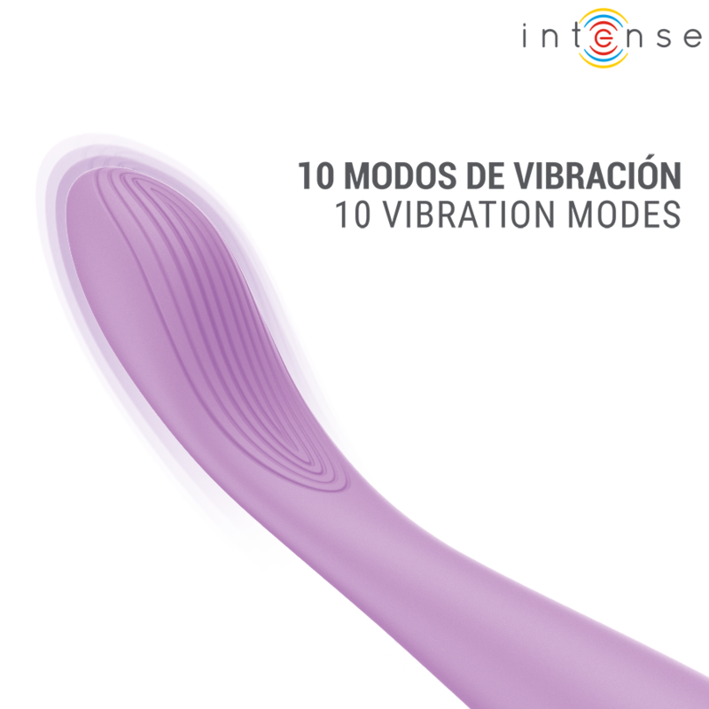 Stimulateur de point G Lucca lilas, gros plan sur la tête striée en diagonale, mention 10 modes de vibration