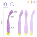 Stimulateur de point G Lucca lilas avec schéma des dimensions : 193 mm de hauteur totale, 20 mm à la tête, 12 mm au col, 25 mm à la base, à côté de 3 vues de profil