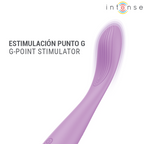 Stimulateur de point G Lucca lilas, gros plan sur la tête recourbée striée, mention estimulación punto G