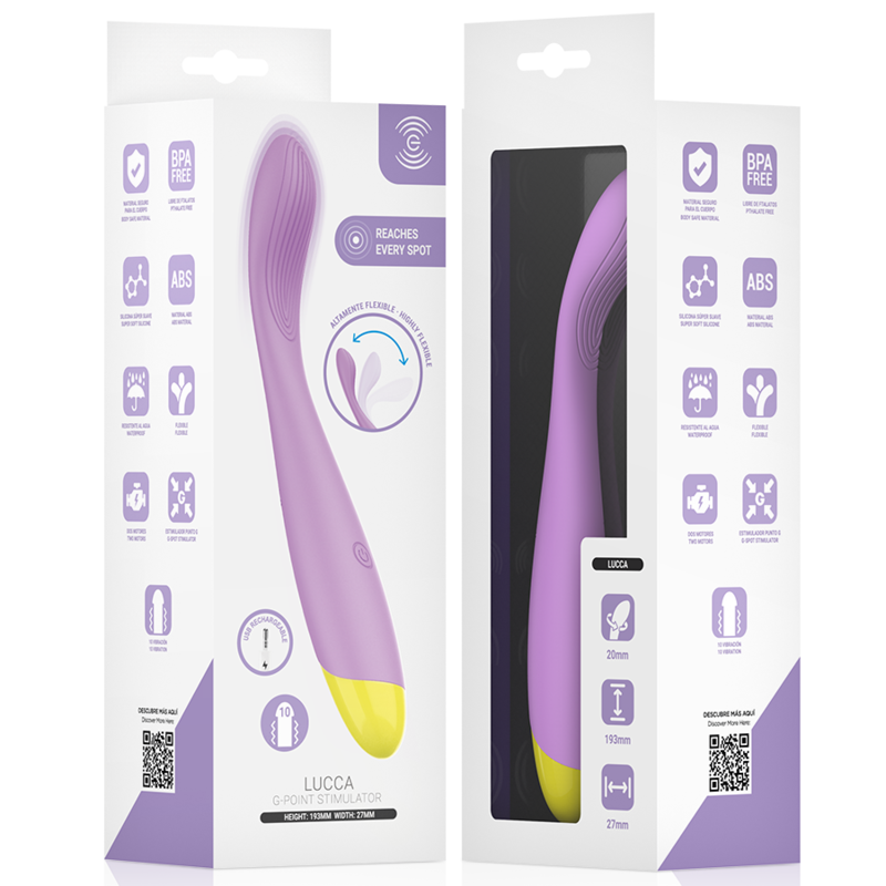 Emballage Intense Lucca G-Point Stimulator, vue de face et de dos montrant le stimulateur à travers une fenêtre découpée