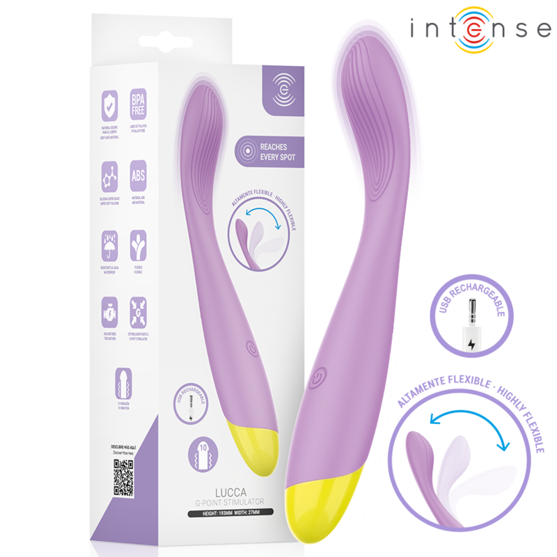 Emballage Intense Lucca G-Point Stimulator à côté du stimulateur lilas à embout jaune, vue de face