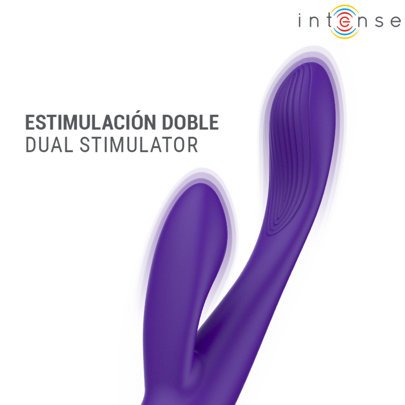 Stimulateur lapin Paolo violet, vue rapprochée des deux bras en surimpression, mention estimulación doble