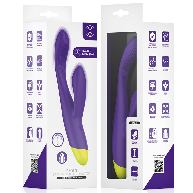 Emballage Intense Paolo G-Point & Clitoral Stimulator, vue de face et de dos montrant le stimulateur à travers une fenêtre découpée