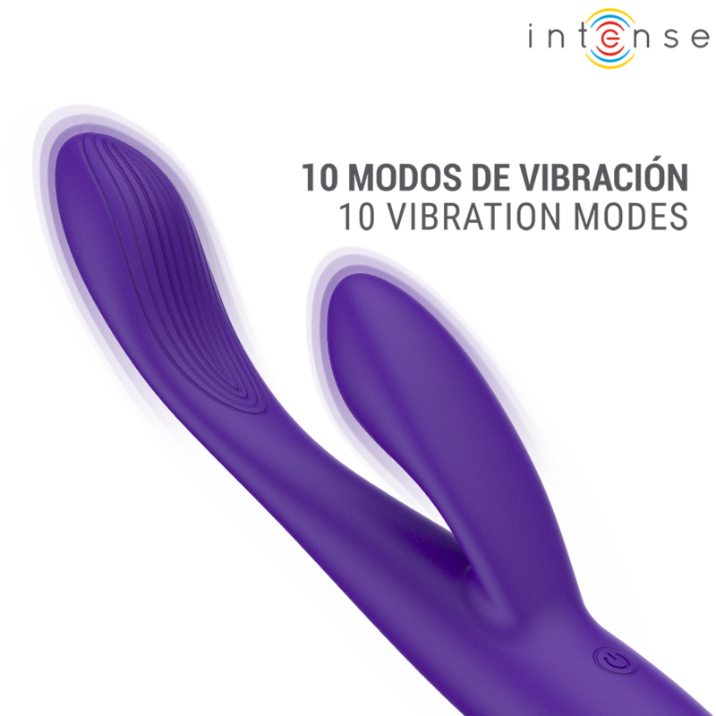 Stimulateur lapin Paolo violet, gros plan sur les deux têtes striées, mention 10 modes de vibration