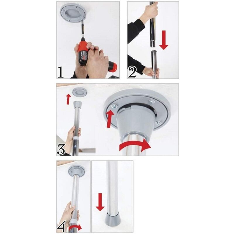 Instructions de montage en 4 étapes de la barre de pole dance : perçage du plafond, assemblage des sections, fixation et réglage au sol