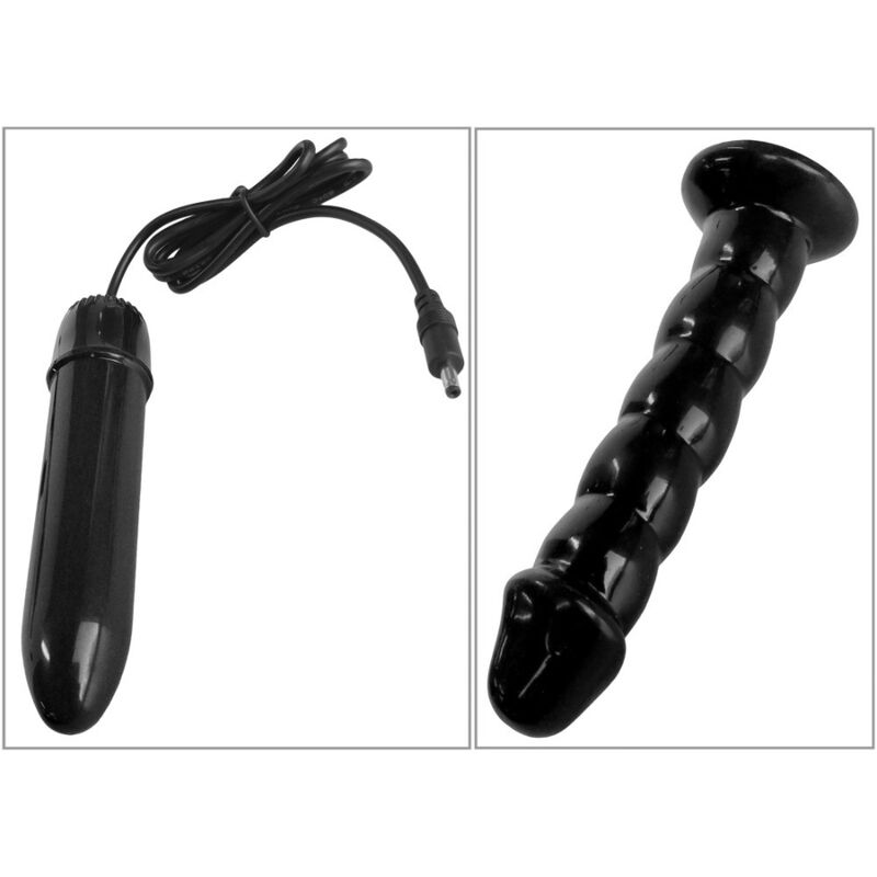 Gros plan en deux vignettes : à gauche le vibromasseur noir avec son fil et sa prise, à droite le gode strié noir à ventouse seul.