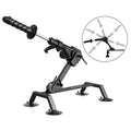 Machine sexuelle Body Dock Pro montée sur ses quatre ventouses noires, bras articulé incliné avec gode strié noir, vignette en médaillon montrant les positions possibles du bras.