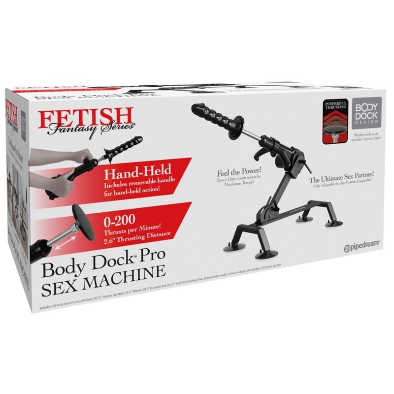 Visuel de l'emballage Fetish Fantasy Series Body Dock Pro Sex Machine : mention « Hand-Held », « 0-200 thrusts per minute », logo Pipedream.