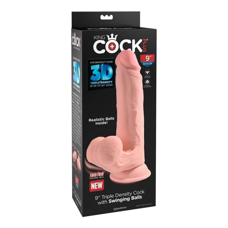 Visuel de l'emballage King Cock Plus : « 9 pouces / 22,9 cm », « 3D Triple Density », matière Fanta Flesh, mention testicules mobiles inclus.