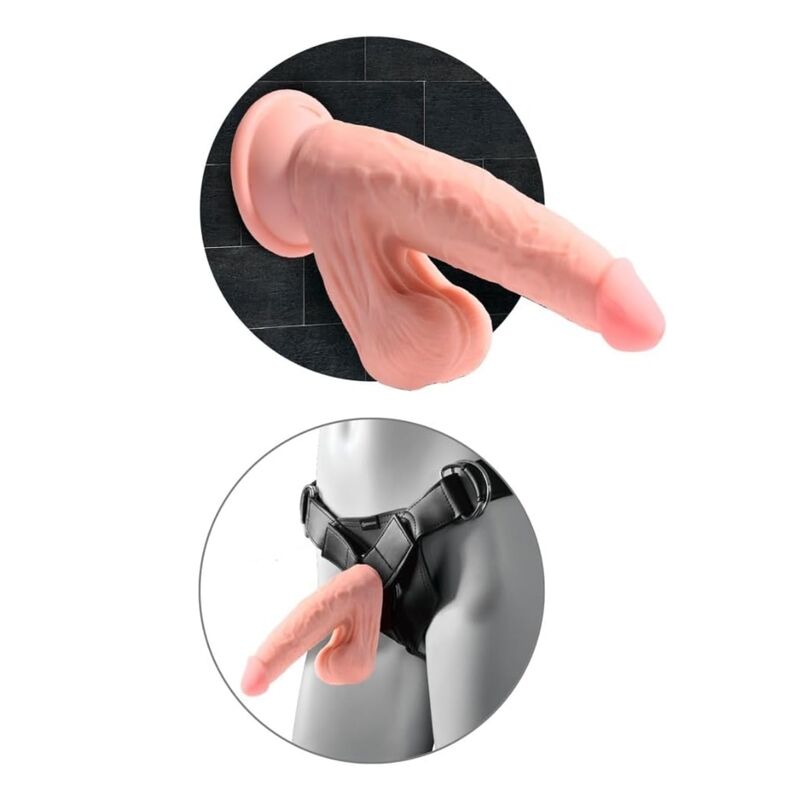 Deux vignettes : en haut le gode posé sur fond sombre montrant les testicules pendantes, en bas le même gode inséré dans un harnais porté à la ceinture par un mannequin.