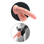 Deux vignettes : en haut le gode posé sur fond sombre montrant les testicules pendantes, en bas le même gode inséré dans un harnais porté à la ceinture par un mannequin.