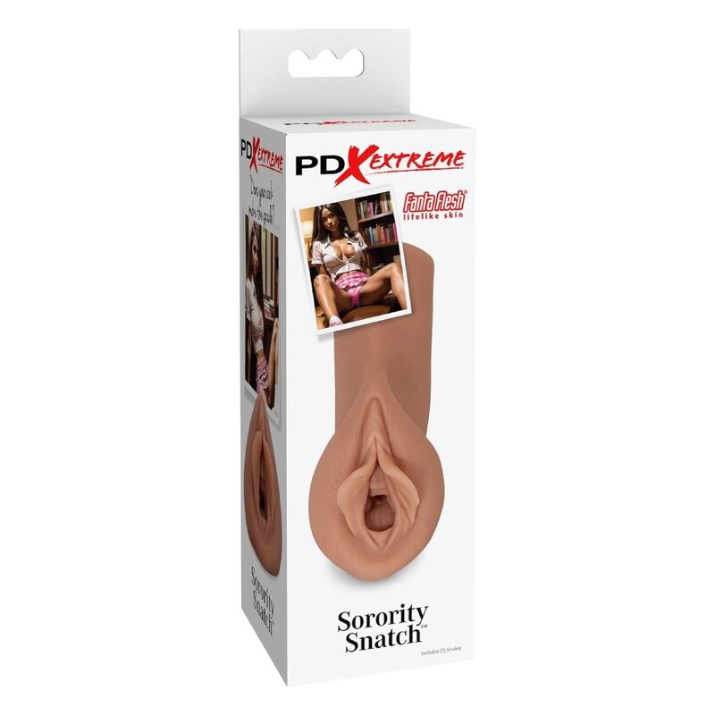 Visuel de l'emballage PDX Extreme « Sorority Snatch », matière Fanta Flesh, photo de mise en scène en médaillon, fourreau visible en façade de la boîte.