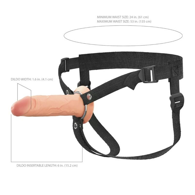 Schéma du strap-on Fantasy X-tensions Elite avec harnais complet : tour de taille 61 à 135 cm, largeur du gode 4,1 cm, longueur insérable 15,2 cm