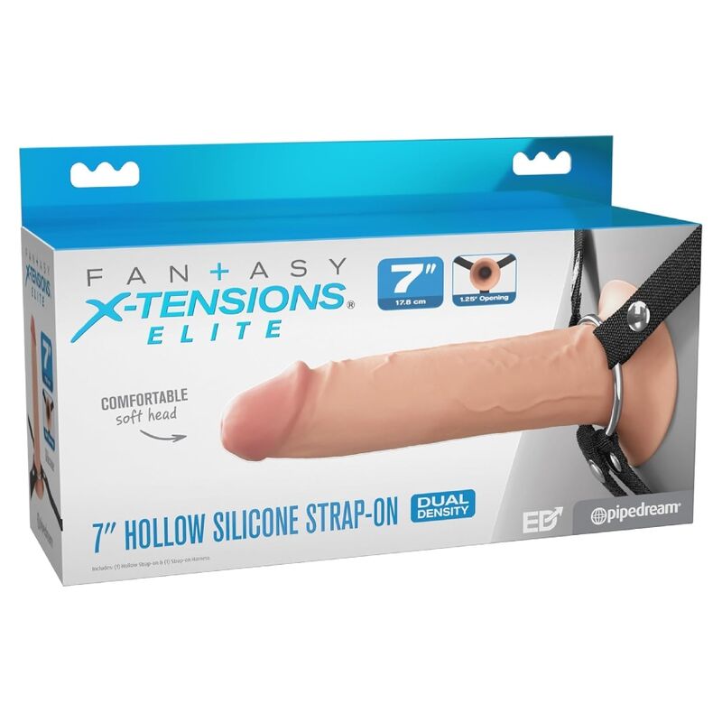 Visuel de l'emballage Fantasy X-Tensions Elite : mention « 7 pouces / 17,8 cm », strap-on creux en silicone double densité, logo Pipedream.