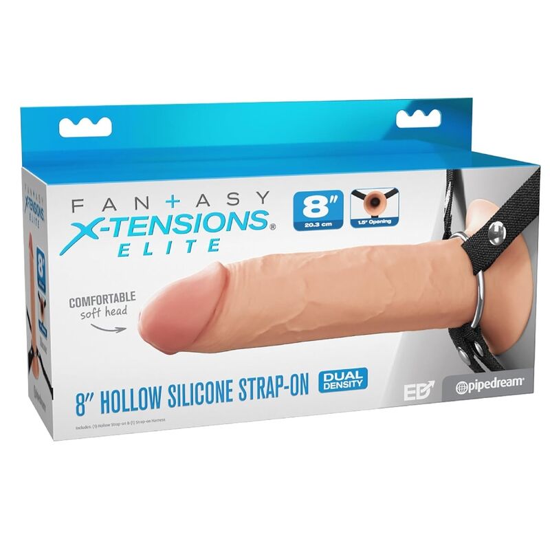 Visuel de l'emballage Fantasy X-Tensions Elite : mention « 8 pouces / 20,3 cm », strap-on creux en silicone double densité, logo Pipedream.