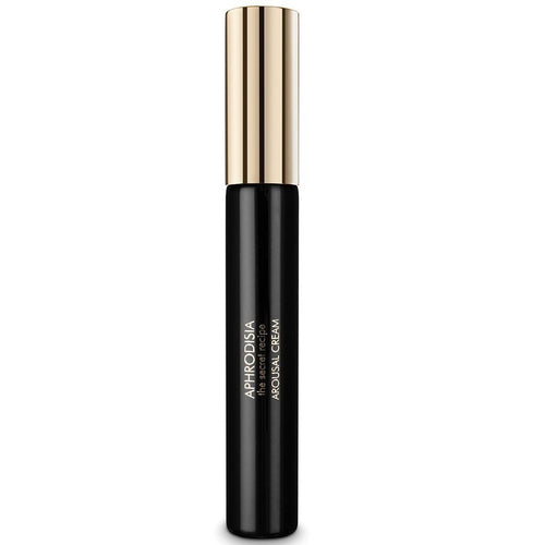 Baume Aphrodisia Arousal Cream Bijoux Indiscrets, flacon noir vertical a capuchon dore cannele, formule topique intensifiante pour stimuler la sensibilite clitoridienne.