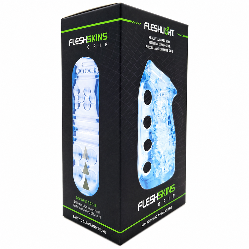 Boîte du masturbateur Fleshlight FleshSkins Grip Blue Ice et texture intérieure