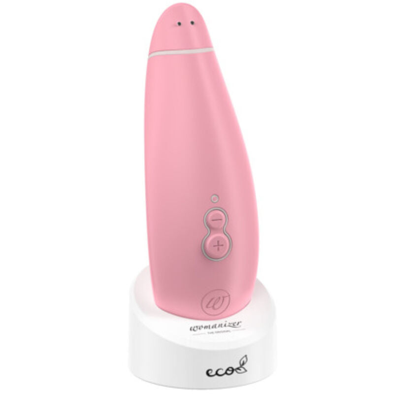 Womanizer Premium Eco rose présenté de face sur un support blanc de la marque.