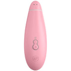 Vue arrière du Womanizer Premium Eco rose, avec les boutons de réglage et le logo visibles.