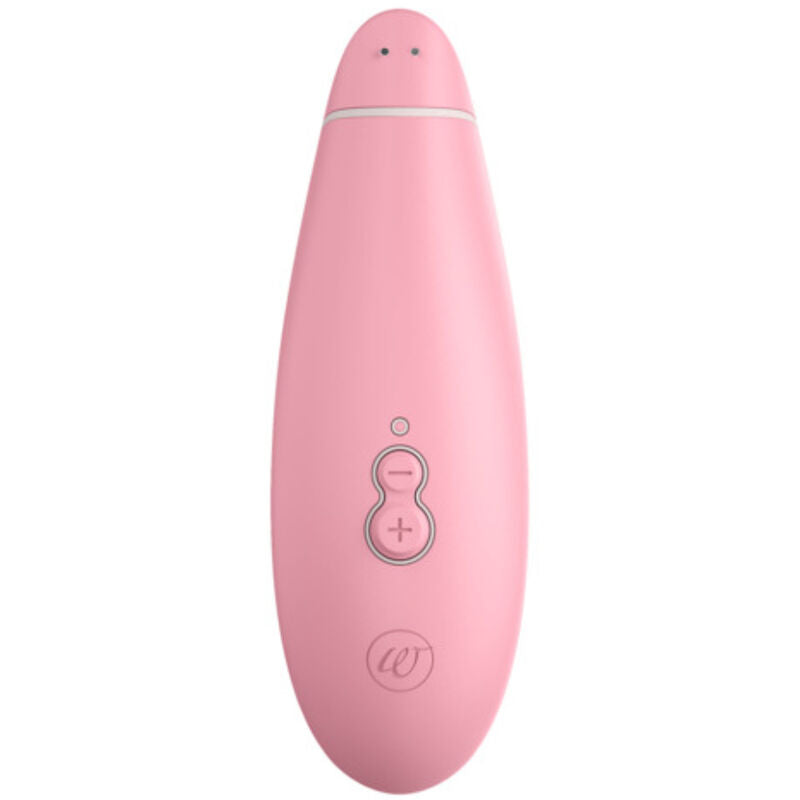 Vue arrière du Womanizer Premium Eco rose, avec les boutons de réglage et le logo visibles.