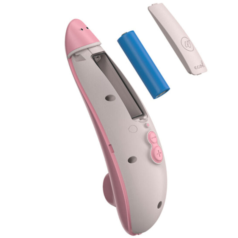 Compartiment ouvert du Womanizer Premium Eco rose avec sa batterie amovible et son couvercle présentés séparément.