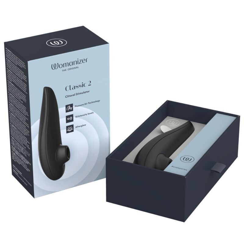 Boîte et coffret ouvert du Womanizer Classic 2 Noir, stimulateur rangé à l’intérieur.