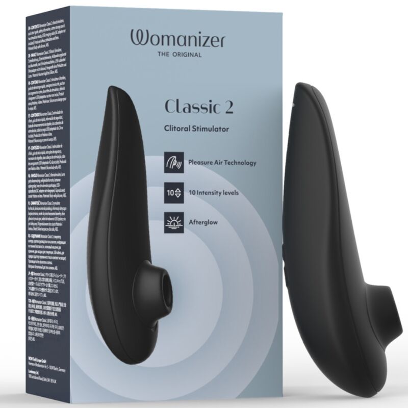 Womanizer Classic 2 Noir présenté à côté de sa boîte illustrée.