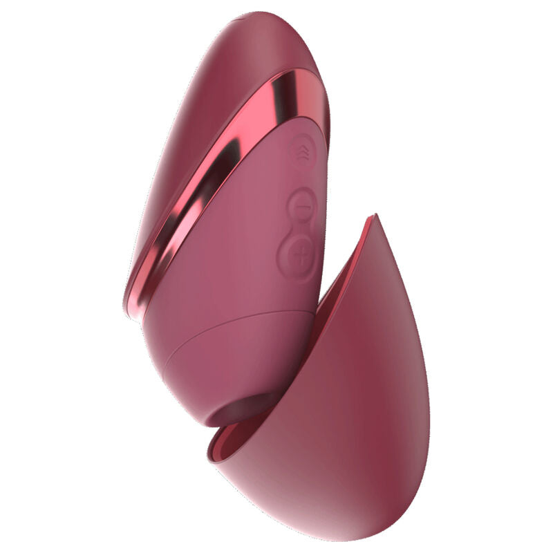 Womanizer Next Liberty Bordeaux avec son capuchon retiré, embout et boutons de commande visibles.