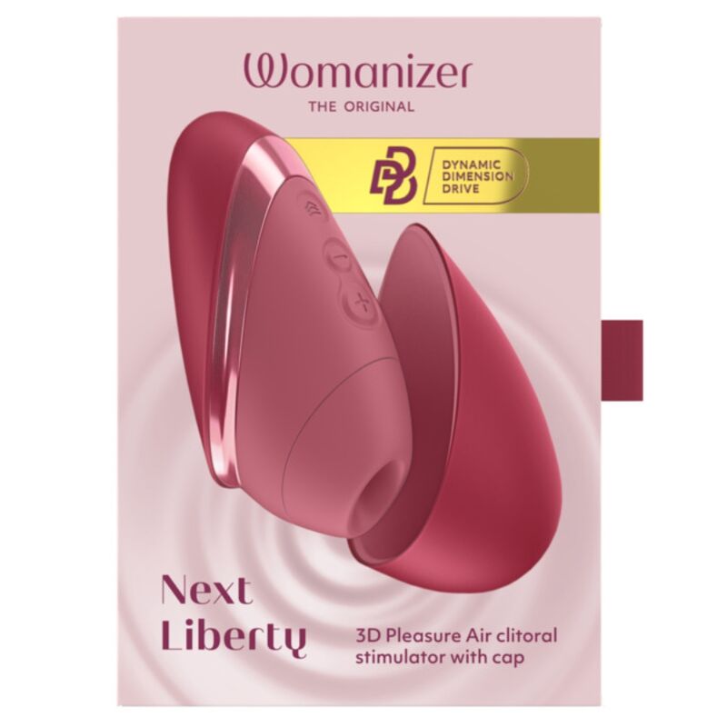 Boîte rose du Womanizer Next Liberty Bordeaux vue de face, avec le stimulateur illustré.