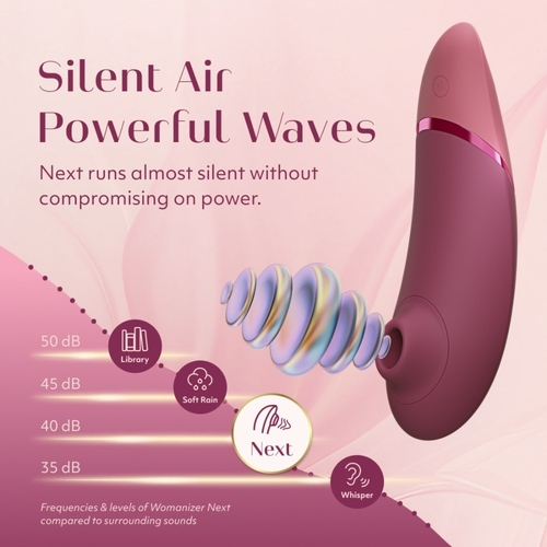Visuel du Womanizer Next Rose fondu présentant les ondes d’air et la comparaison des niveaux sonores.