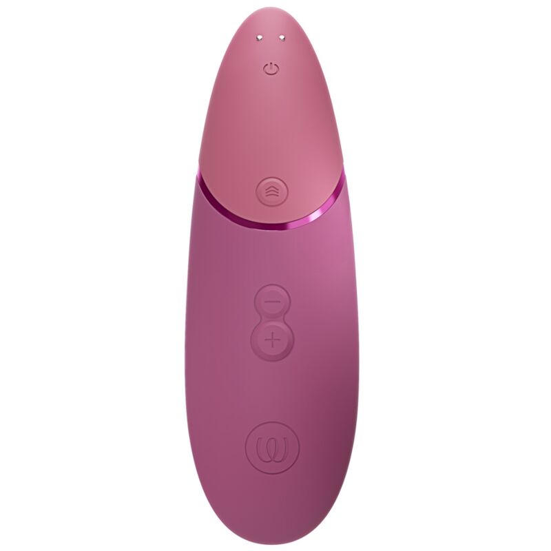 Vue arrière du Womanizer Next Rose fondu, boutons de commande et contacts de recharge visibles.