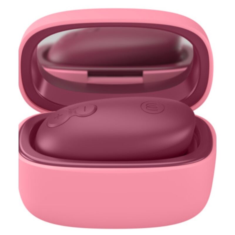 Womanizer Snap Baie écrasée rangé dans son étui rose ouvert, avec miroir dans le couvercle.
