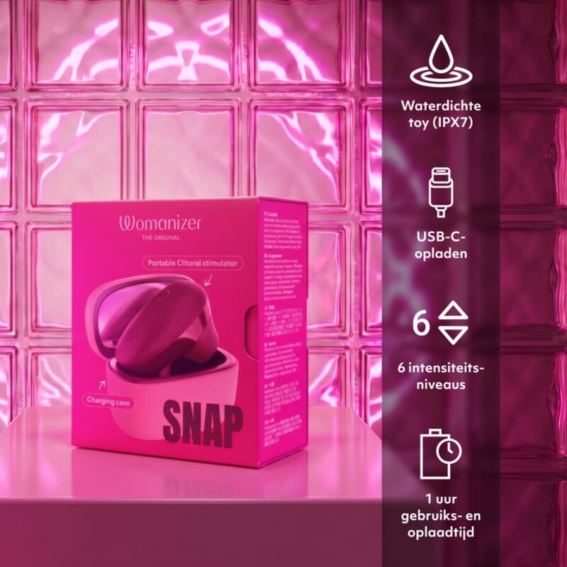 Présentation du coffret Womanizer Snap Baie écrasée, avec les pictogrammes des six intensités et de la recharge USB-C.