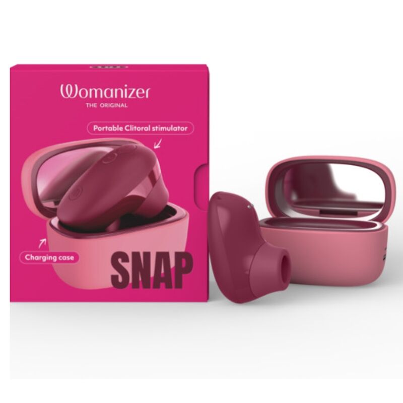 Womanizer Snap Baie écrasée avec son étui rose ouvert et sa boîte illustrée.