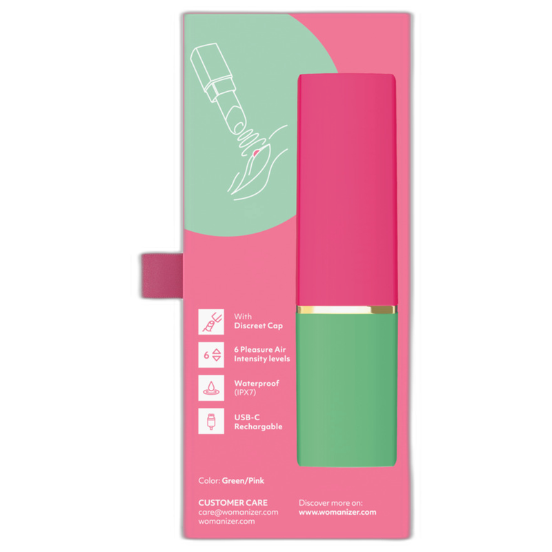 Dos du coffret Womanizer Beauty vert et rose, caractéristiques et instructions illustrées.