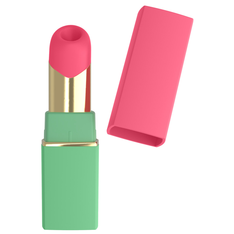Womanizer Beauty vert et rose ouvert, avec son capuchon rose placé à côté.